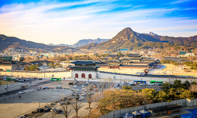 Fototapeta na wymiar Aerial view of Gyeongbok palace and the Blue House in Seoul city, Korea