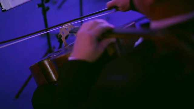 musician plays the cello on the stage in the concert hall