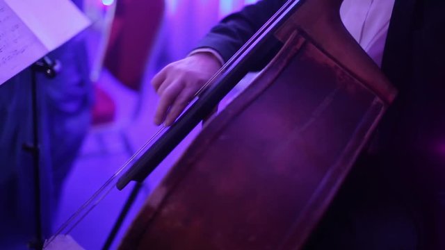 musician plays the cello on the stage in the concert hall