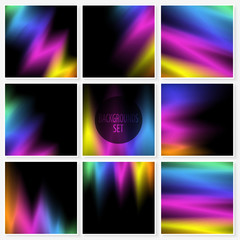 Holographic backgrounds. Holography textures set. Watercolor effect. Blurs collection. Modern. Stylish. Black. Backdrop. Space. Trendy wallpapers. Textures for web design, business printed products.
