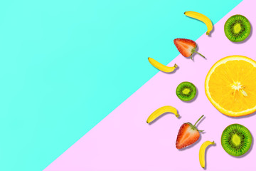 Pattern of fresh summer sweet fruit for holiday concept flat lay mockup and top view of minimal colourful style with copy space for background, pastel fashion in trend