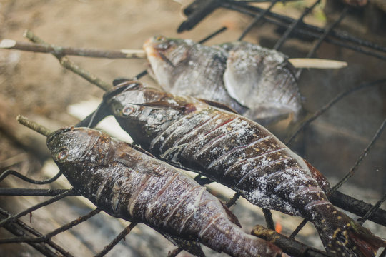 Fish Being Grilled In Indigenous Traditional Method. São Gabriel Da Cachoeira, Amazon / Brazil