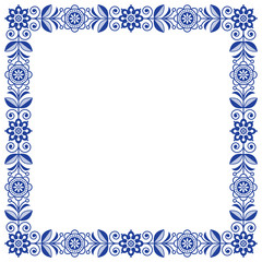 Scandinavian folk art vector frame, cute floral border, square pattern with navy blue flowers - invitation, greetings card