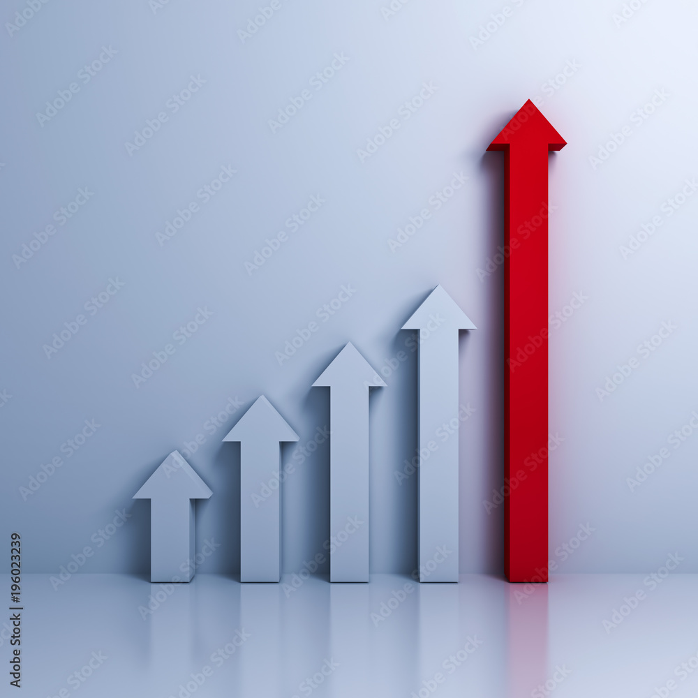 Poster business graph with red rising up arrow over white wall background with reflection. 3d rendering.