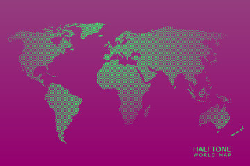 Halftone dotted vector world map in green color with violet background