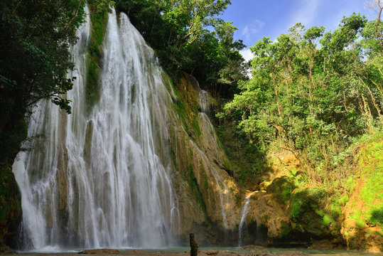 Salto de Limon the waterfall located in the centre of the tropical forest, Samana, Dominikana Republic.
