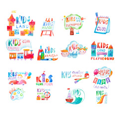 Collection of watercolor promotional symbols with calligraphic letterings of kids club playground.