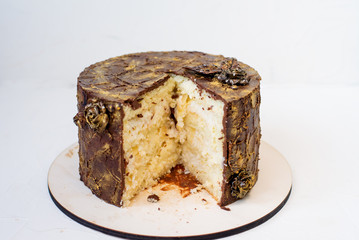 Cake on a white background, cut piece of chocolate cake.