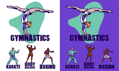 Sport background. Gymnastics, karate, bodybuilding, boxing.