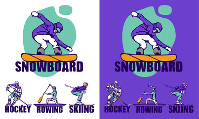 Sport background. Snowboard, hockey, rowing, skiing. 