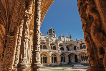 Old medieval Cathedral Architecture. Jeronimos Monastery in Lisbon, Portugal
