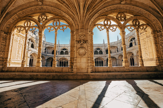 Old medieval Cathedral Architecture. Jeronimos Monastery in Lisbon, Portugal