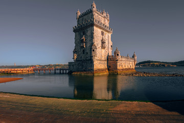 Belem Tower at sunset in Lisbon, Portugal. Belem Tower is famous  landmark of Lisbon
