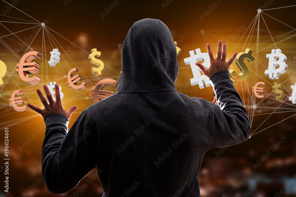 Poster hacker man in the dark using computer to hack data and information system