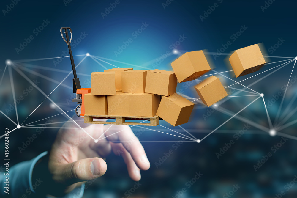 Leinwandbilder pallet truck and carboxes with network connection system - 3d render