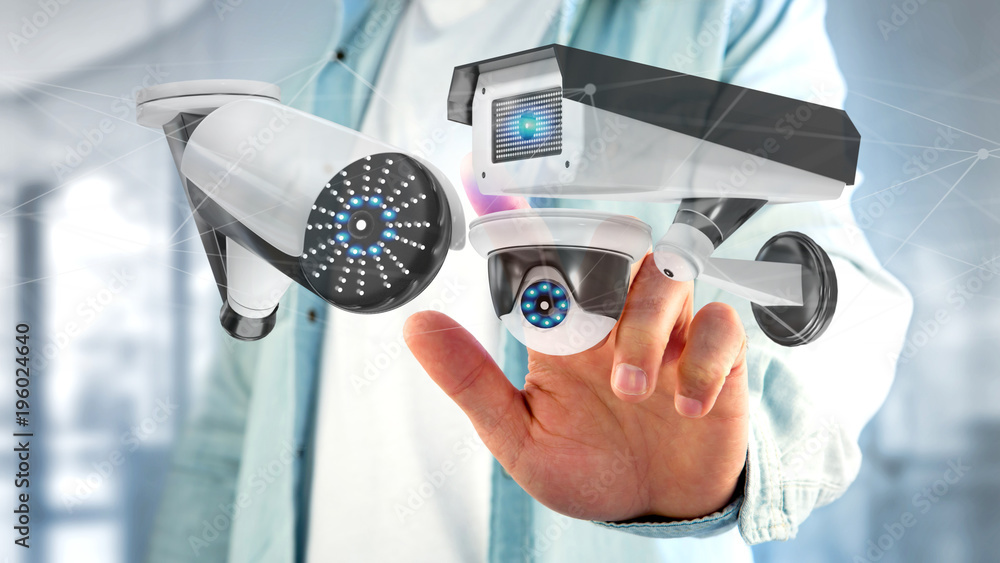 Poster businessman holding a security camera system and network connection - 3d rendering