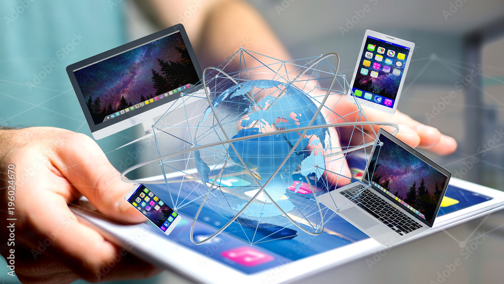 Poster view of a businessman holding a computer and devices displayed on a smartphone interface with intern