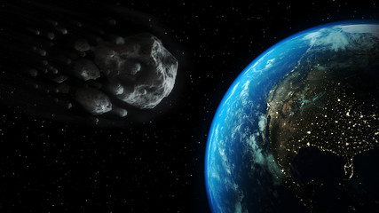 3d illustration of an asteroid near the Earth