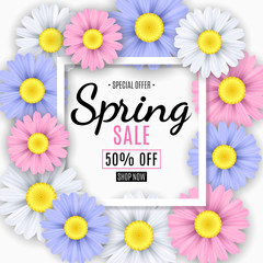 Spring sale banner. Square white frame. Multicolored flowers of chamomile. Seasonal flyer. Special offer. Vector illustration