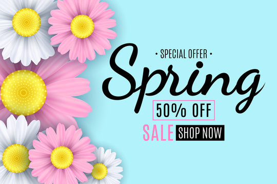 Spring sale banner. Square white frame. Pink and white flowers of chamomile on a light blue background. Seasonal flyer. Special offer. Vector illustration