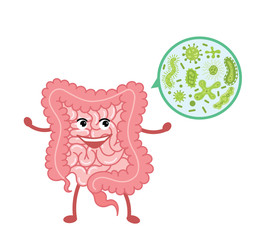Cartoon vector illustration strong healthy happy Intestine.Stomach character illustration icon design. Microscopic bacterias. microflora, viruses in Intestine. Digestive tract or alimentary canal 