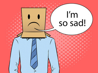 Man with box sad emoji on head pop art vector