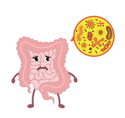 Cartoon vector illustration strong healthy happy Intestine.Stomach character illustration icon design. Microscopic bacterias. microflora, viruses in Intestine. Digestive tract or alimentary canal 