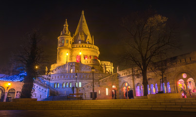Fototapeta na wymiar Beautiful illuminated Fisherman Bastion in night, Budapest, Hungary