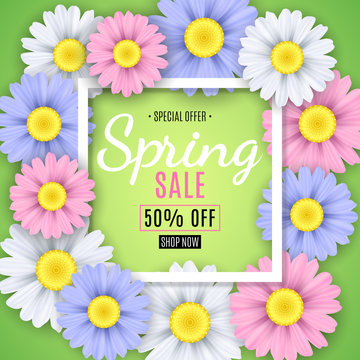 Spring sale banner. Square white frame. Multicolored flowers of chamomile on a green background. Seasonal flyer. Special offer. Vector illustration