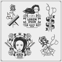 Beauty salon emblems with female face. Design for cosmetic, hairdressing and beauty salon. 