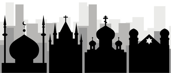 Religion in the city. Black icons of the synagogue, mosque, Orthodox and Catholic churches against the background of city skyscrapers. Tolerance of religions in the city
