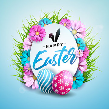 Vector Illustration of Happy Easter Holiday with Painted Egg, Flower and Green Grass on Shiny Blue Background. International Spring Celebration Design with Typography for Greeting Card, Party