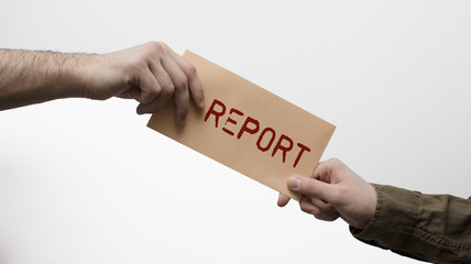 Hand giving and receiving mail with report on the white background. Documents and business concept