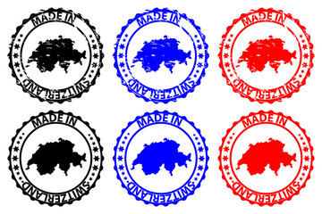 Made in Switzerland - rubber stamp - vector, Switzerland map pattern - black, blue and red