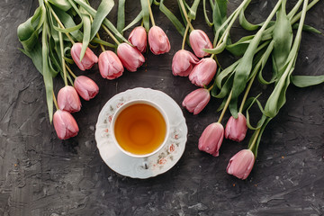 Cup of tea, flowers, herbs, tulips, Flatlay