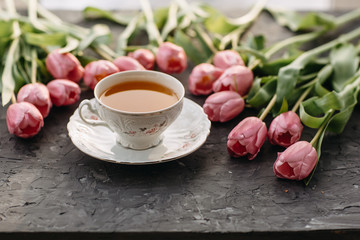 Cup of tea, flowers, herbs, tulips, Flatlay