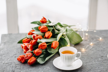 Cup of tea, flowers, herbs, tulips, Flatlay