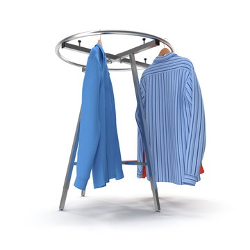 Round Clothing Rack with Shirts on white. 3D illustration