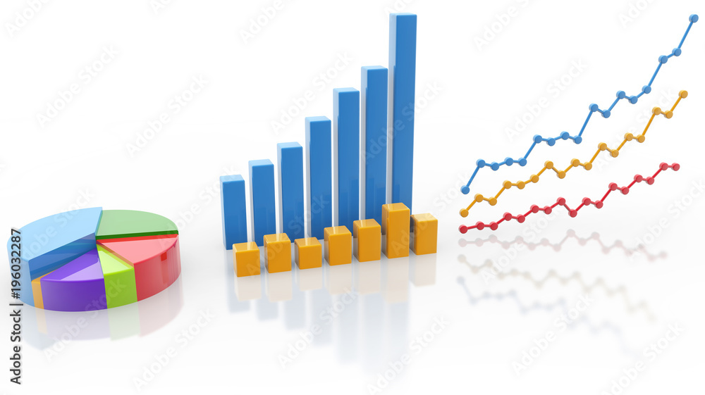 Poster pie chart, bar graph and line graph isolated on white
