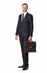 confident businessman with briefcase. side view