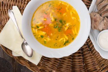 chicken soup with noodles and parsley