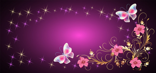 Obraz na płótnie Canvas Floral ornament frame with magic butterflies for decorative greeting card