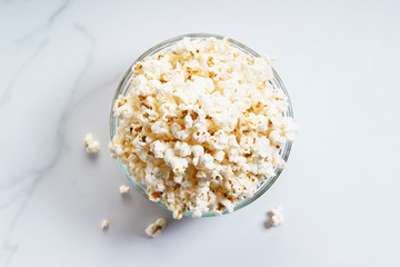 Popcorn in glass bowl.