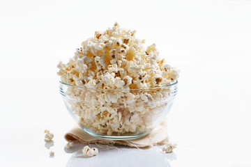 Popcorn in glass bowl.