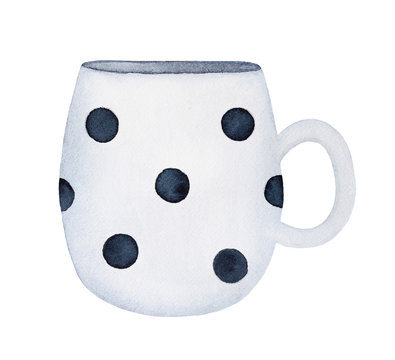 Drawing of cute ceramic tea cup, polka dotted. One single dish object, side view, cozy and warm. Cafe element; table setting; rest. Hand drawn water colour graphic picture on white background, cutout.