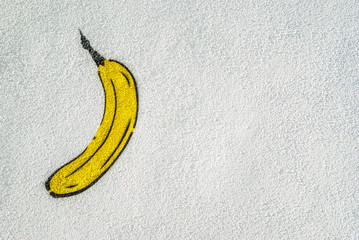 Banane auf weißer Hauswand aufgemalt Graffiti, Banana painted on white house wall Graffiti