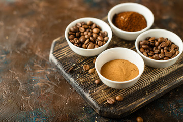Coffee beans, ground coffee and instant coffee