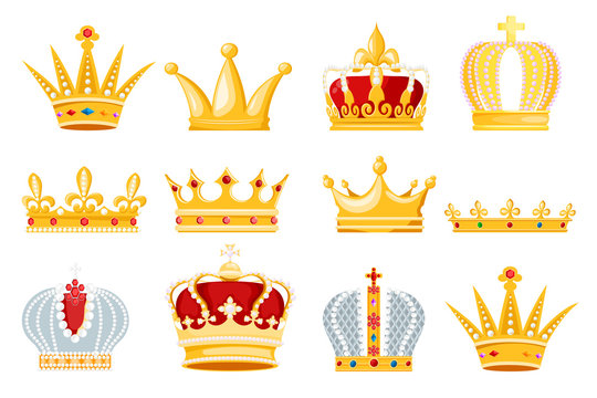 Crown vector golden royal jewelry symbol of king queen and princess illustration sign of crowning prince authority set of crown jeweles isolated on white background