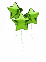 Green star metallic balloons isolated on white background. 3D illustration of celebration, party balloons