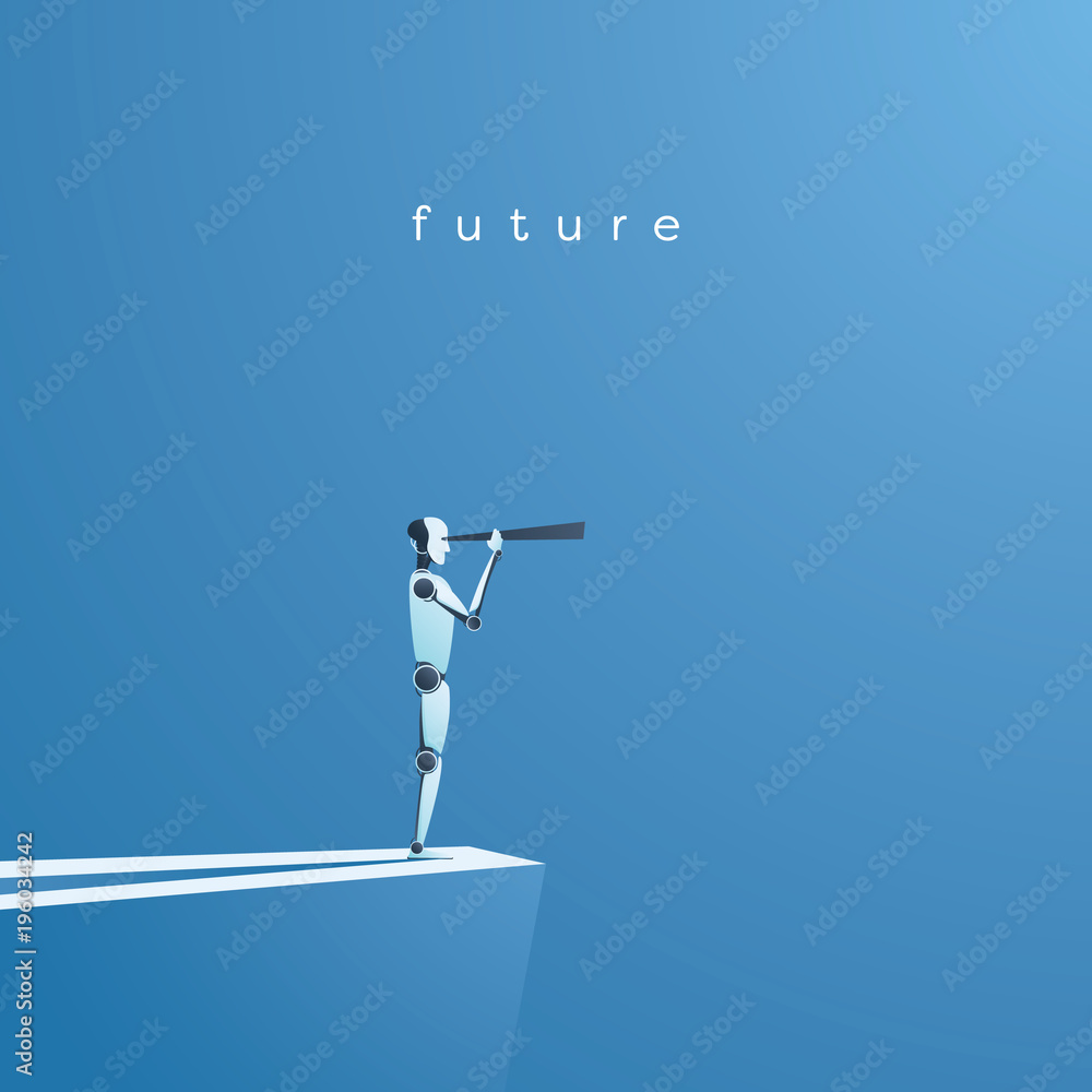 Poster ai or artificial intelligence vector concept with ai robot looking throught telescope into future. s